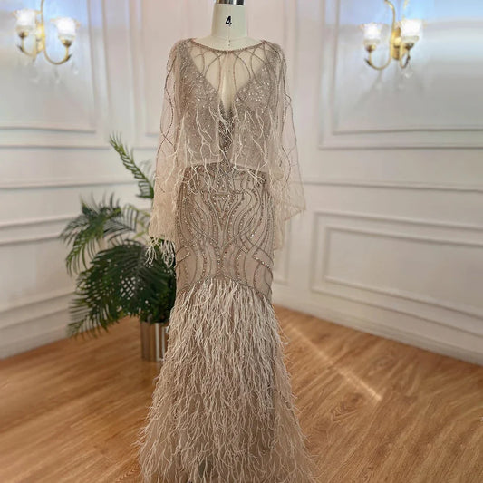 Vestido de noche de sirena color caramelo con cuentas y plumas, de lujo, elegante para mujer, para fiesta de bodas 2025 LA71866 