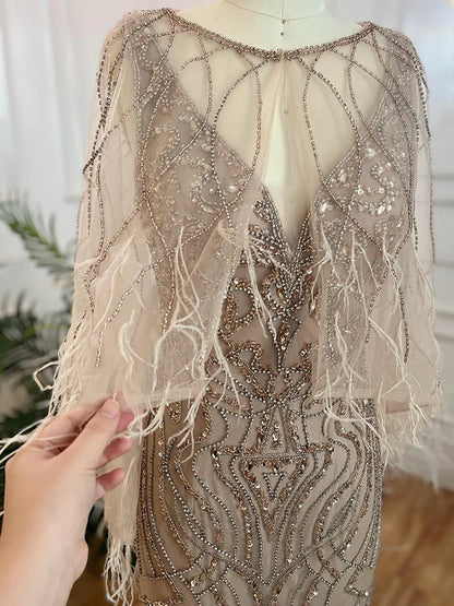 Vestido de noche de sirena color caramelo con cuentas y plumas, de lujo, elegante para mujer, para fiesta de bodas 2025 LA71866 