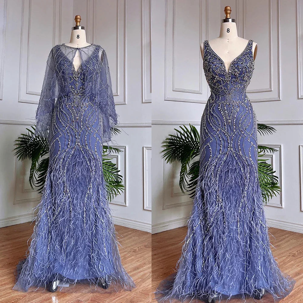 Vestido de noche de sirena color caramelo con cuentas y plumas, de lujo, elegante para mujer, para fiesta de bodas 2025 LA71866 