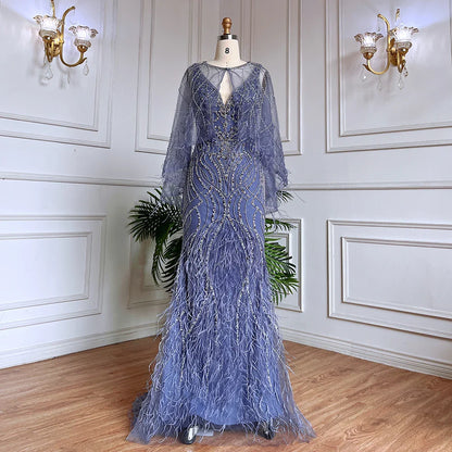 Vestido de noche de sirena color caramelo con cuentas y plumas, de lujo, elegante para mujer, para fiesta de bodas 2025 LA71866 