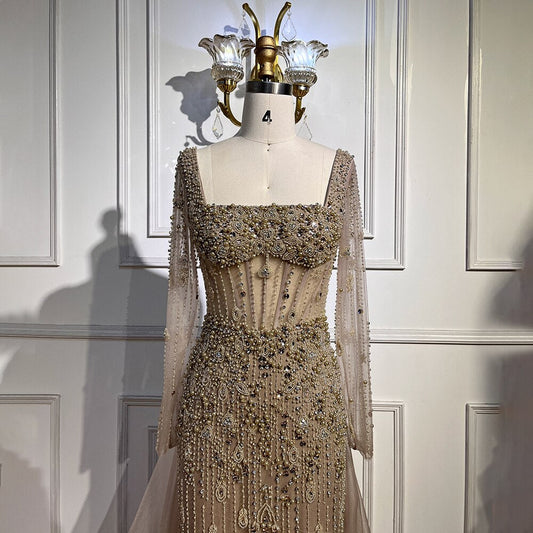 Vestidos de noche árabes de lujo con cuentas de sirena color caramelo y falda para mujer, para fiesta de bodas 2025 LA72014 