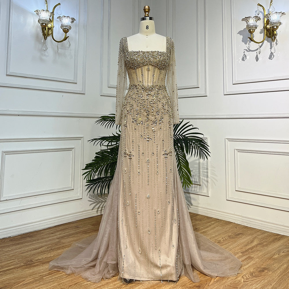 Vestidos de noche árabes de lujo con cuentas de sirena color caramelo y falda para mujer, para fiesta de bodas 2025 LA72014 