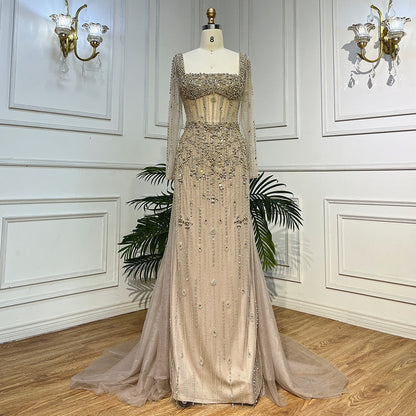 Vestidos de noche árabes de lujo con cuentas de sirena color caramelo y falda para mujer, para fiesta de bodas 2025 LA72014 