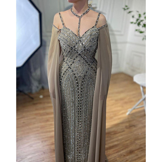 Vestidos de noche de sirena color caramelo con mangas capa, vestidos de fiesta árabes de lujo con cuentas 2025 para mujer LA72053A 