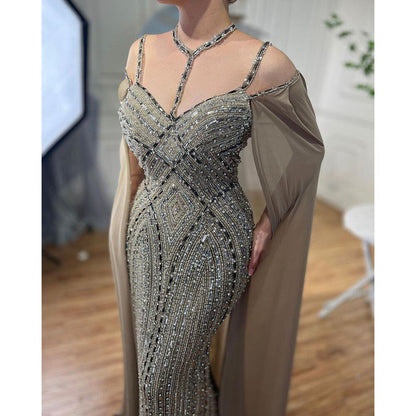 Vestidos de noche de sirena color caramelo con mangas capa, vestidos de fiesta árabes de lujo con cuentas 2025 para mujer LA72053A 