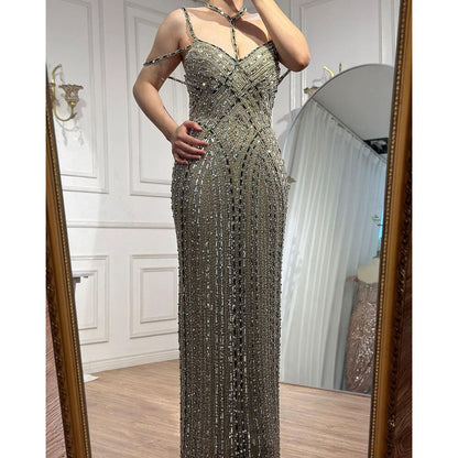 Vestidos de noche de sirena color caramelo con mangas capa, vestidos de fiesta árabes de lujo con cuentas 2025 para mujer LA72053A 