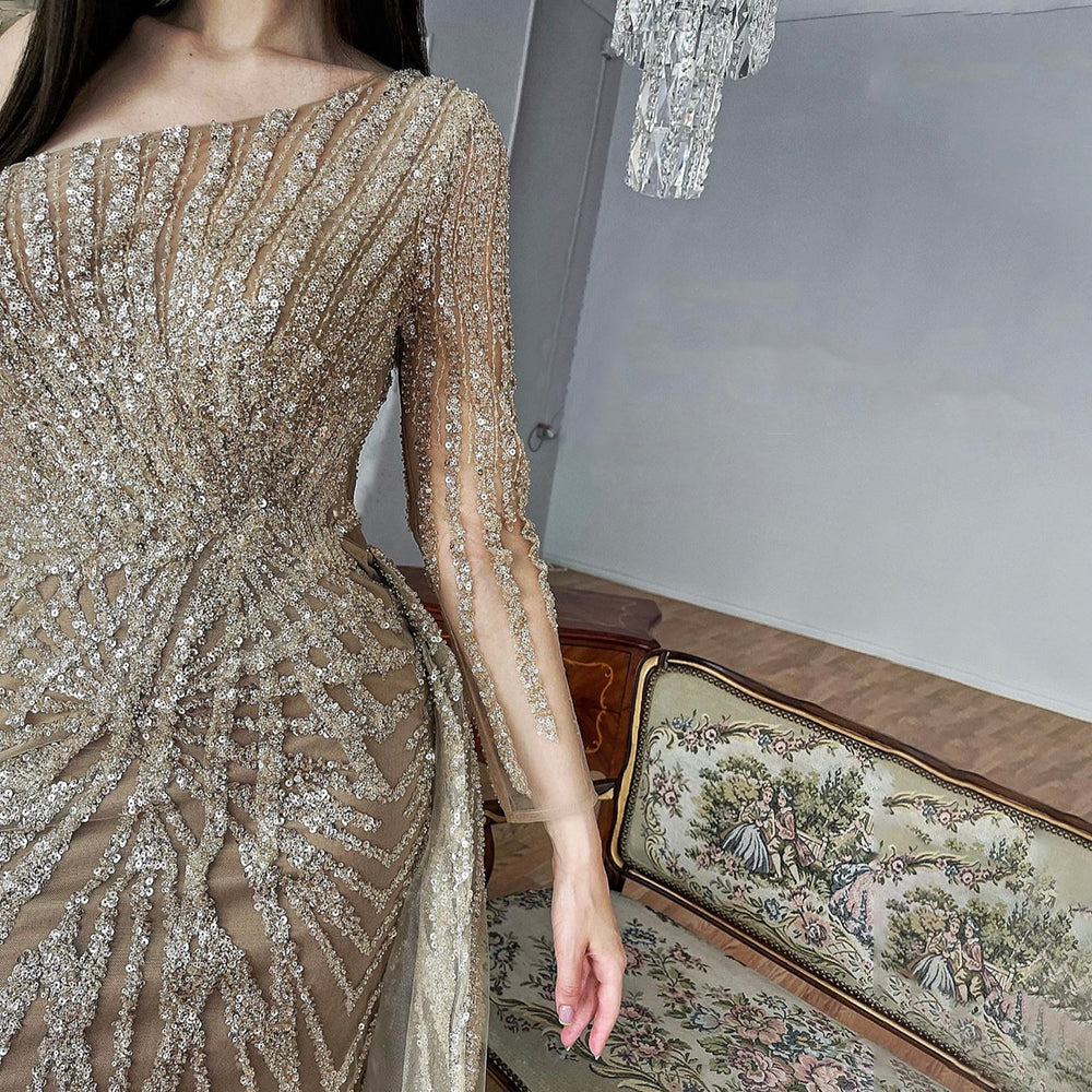Vestido de noche de sirena color caramelo, con un solo hombro, mangas largas y falda desmontable, elegante, con cuentas, de lujo, LA71677