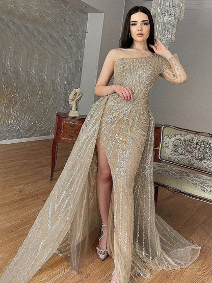 Vestido de noche de sirena color caramelo, con un solo hombro, mangas largas y falda desmontable, elegante, con cuentas, de lujo, LA71677