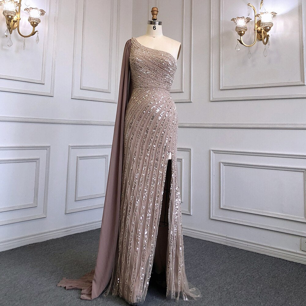 Vestido de noche de lujo con cuentas y mangas largas, estilo sirena, color caramelo, sexy, con abertura alta, para mujer, para boda, fiesta, LA71708 