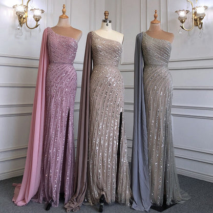 Vestido de noche de lujo con cuentas y mangas largas, estilo sirena, color caramelo, sexy, con abertura alta, para mujer, para boda, fiesta, LA71708 