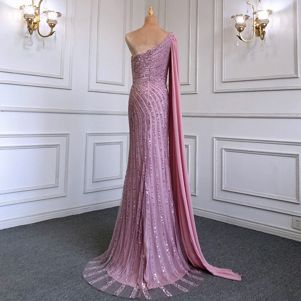 Karamell Meerjungfrau Sexy High Split Cape Sleeve Perlen Luxus Abendkleider Kleider 2025 Für Frauen Hochzeit Party LA71708 