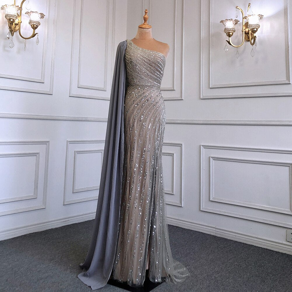 Vestido de noche de lujo con cuentas y mangas largas, estilo sirena, color caramelo, sexy, con abertura alta, para mujer, para boda, fiesta, LA71708 