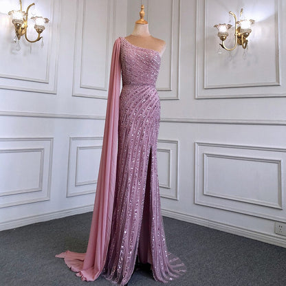 Vestido de noche de lujo con cuentas y mangas largas, estilo sirena, color caramelo, sexy, con abertura alta, para mujer, para boda, fiesta, LA71708 