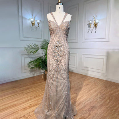 Vestido de noche de lujo con cuentas y tirantes finos, estilo sirena color caramelo, para mujer, ideal para bodas 2025, LA71849 