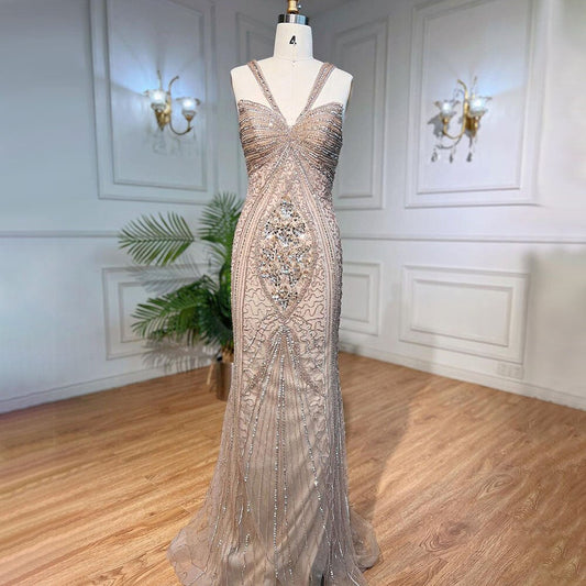 Vestido de noche de lujo con cuentas y tirantes finos, estilo sirena color caramelo, para mujer, ideal para bodas 2025, LA71849 