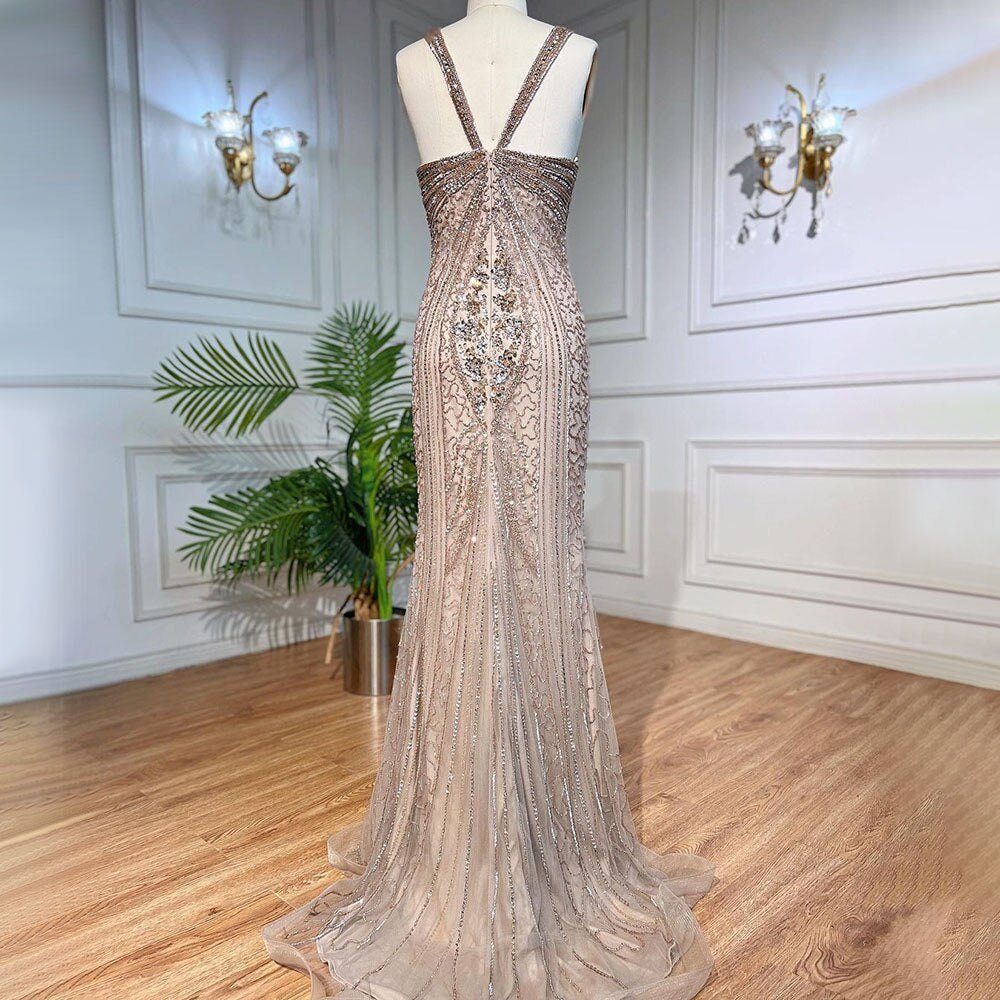 Vestido de noche de lujo con cuentas y tirantes finos, estilo sirena color caramelo, para mujer, ideal para bodas 2025, LA71849 