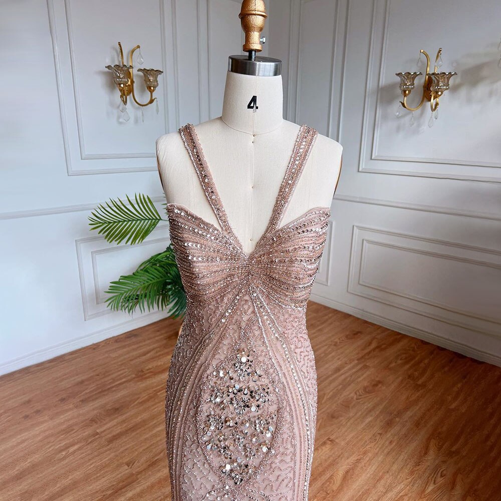 Vestido de noche de lujo con cuentas y tirantes finos, estilo sirena color caramelo, para mujer, ideal para bodas 2025, LA71849 
