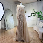 Vestido de noche de sirena color caramelo con sobrefalda, un hombro, plumas y cuentas, para mujer, fiesta 2025 LA71789A 