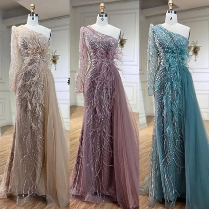 Vestido de noche de sirena color caramelo con sobrefalda, un hombro, plumas y cuentas, para mujer, fiesta 2025 LA71789A 