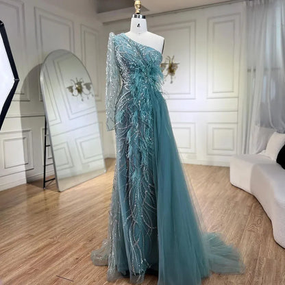 Vestido de noche de sirena color caramelo con sobrefalda, un hombro, plumas y cuentas, para mujer, fiesta 2025 LA71789A 