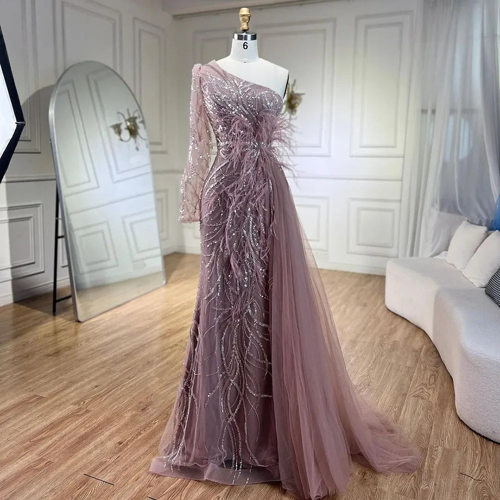Vestido de noche de sirena color caramelo con sobrefalda, un hombro, plumas y cuentas, para mujer, fiesta 2025 LA71789A 