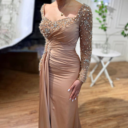 Elegante vestido de noche musulmán de sirena color caramelo con sobrefalda de encaje y cuentas de lujo para mujer, vestido de fiesta LA72025 