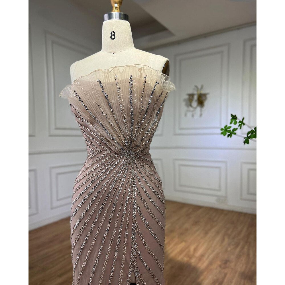 Vestido de noche de sirena con hombros descubiertos y abertura alta, sexy, color caramelo, con cuentas, para mujer, boda, fiesta, LA72049 
