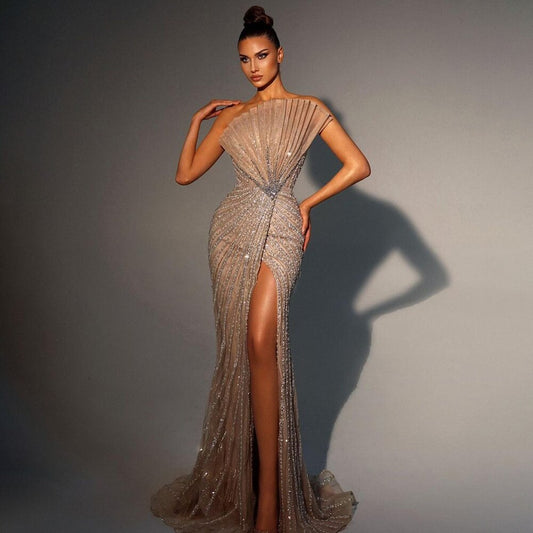 Vestido de noche de sirena con hombros descubiertos y abertura alta, sexy, color caramelo, con cuentas, para mujer, boda, fiesta, LA72049 