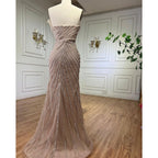 Vestido de noche de sirena con hombros descubiertos y abertura alta, sexy, color caramelo, con cuentas, para mujer, boda, fiesta, LA72049 