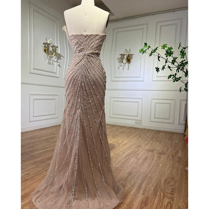 Vestido de noche de sirena con hombros descubiertos y abertura alta, sexy, color caramelo, con cuentas, para mujer, boda, fiesta, LA72049 