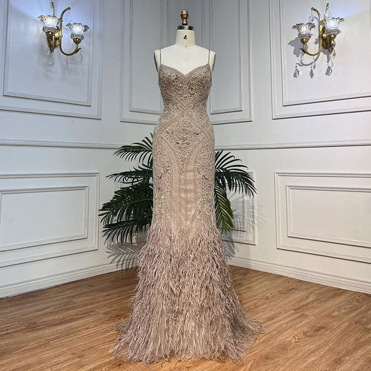 Vestido de noche elegante de sirena con escote en V profundo, con plumas y cuentas, estilo espagueti, para mujer, fiesta, LA72025 