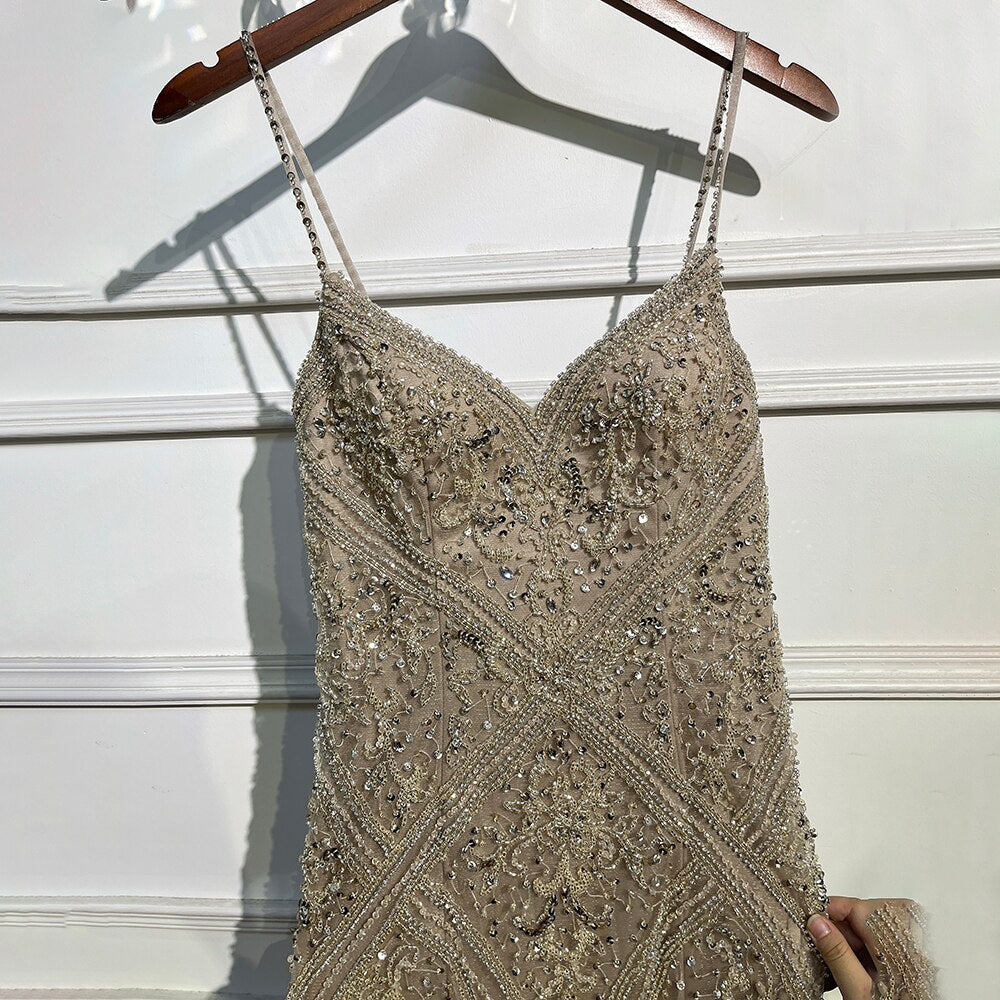 Vestido de noche elegante de sirena con escote en V profundo, con plumas y cuentas, estilo espagueti, para mujer, fiesta, LA72025 