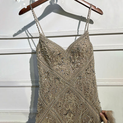 Vestido de noche elegante de sirena con escote en V profundo, con plumas y cuentas, estilo espagueti, para mujer, fiesta, LA72025 