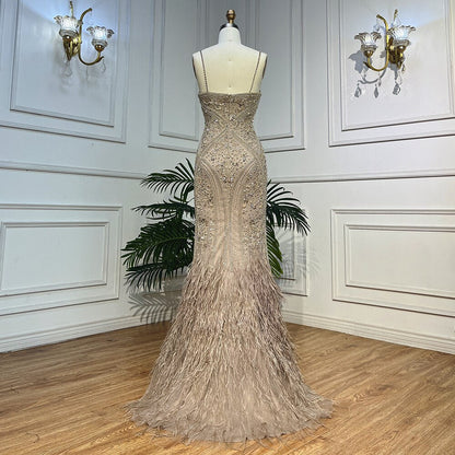 Vestido de noche elegante de sirena con escote en V profundo, con plumas y cuentas, estilo espagueti, para mujer, fiesta, LA72025 