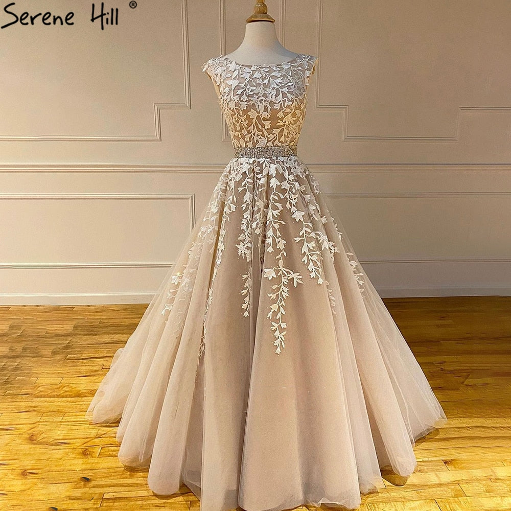 Champagner A-Linie Sexy Ballkleider 2025 Perlen Spitze Blume Graduation School Party Kleider LA71177 