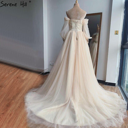 Vestidos de novia sexys con mangas de farol color champán 2025, vestidos de novia con fotografía de abalorios HA2329, hechos a medida 
