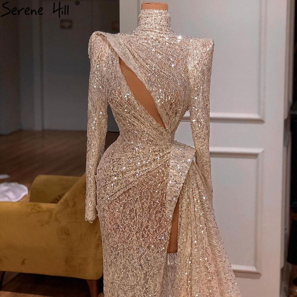 Vestidos de noche de sirena de lujo color champán, 2025, con cuentas, elegantes, con abertura alta para mujer, para fiesta LA71255 