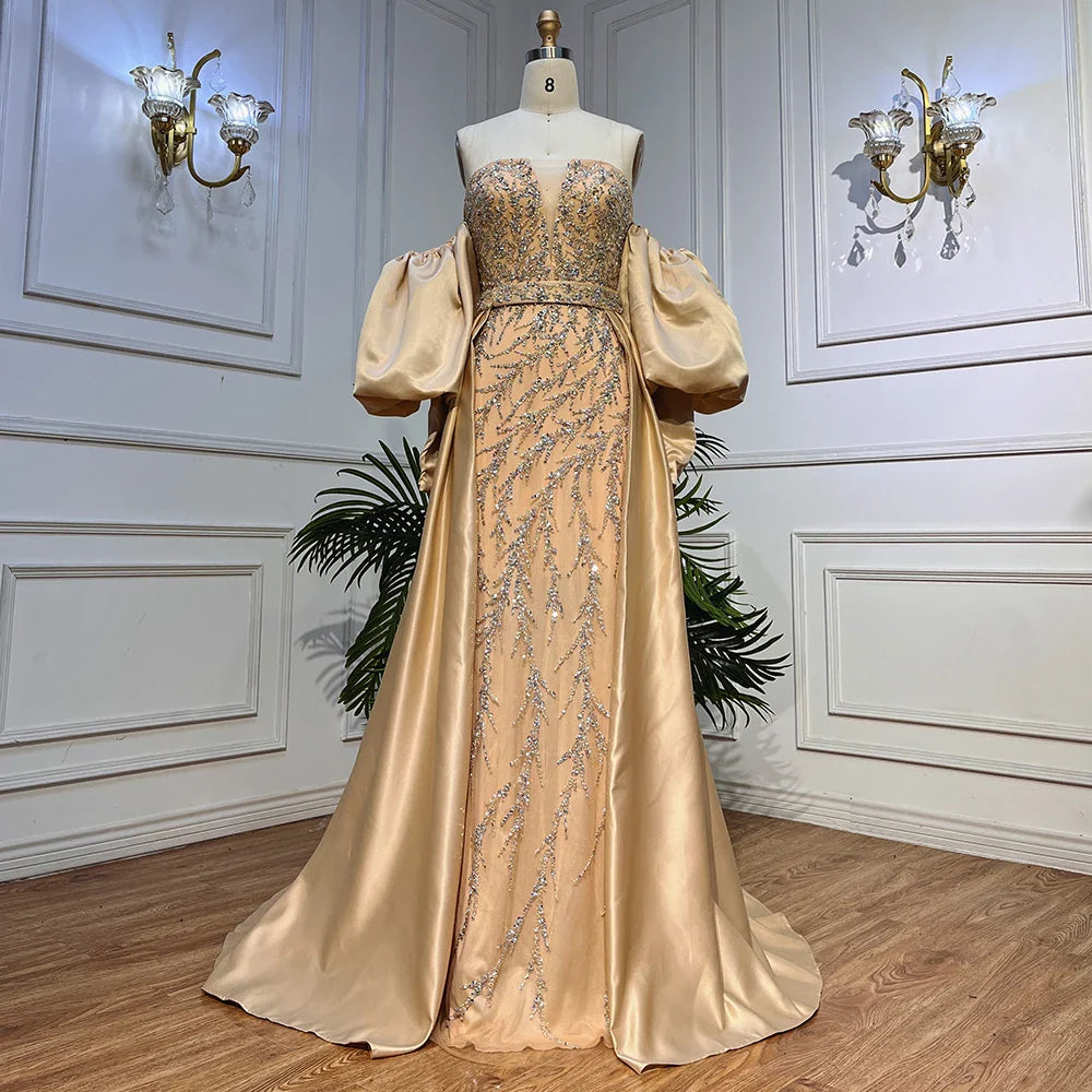Champagner Luxus Meerjungfrau Abendkleider Lange Kleider mit Halben Schnurr Ärmeln und Elegant für Frauen Party LA71120 