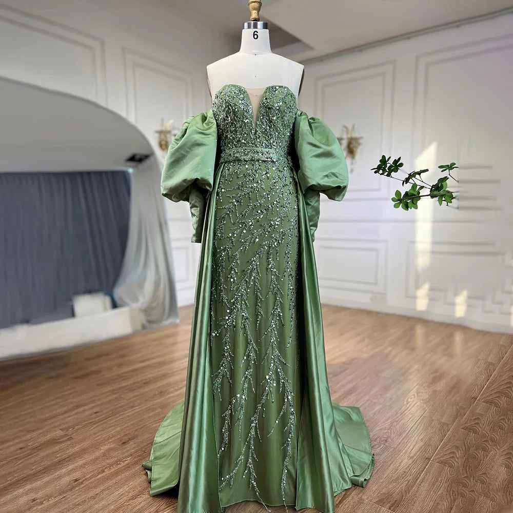 Vestidos de noche largos de sirena de lujo color champán con mangas abullonadas y elegantes para mujer para fiesta LA71120 