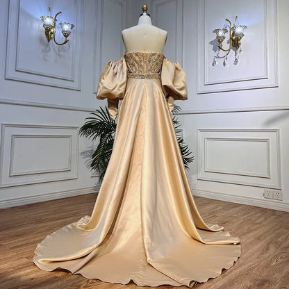 Vestidos de noche largos de sirena de lujo color champán con mangas abullonadas y elegantes para mujer para fiesta LA71120 