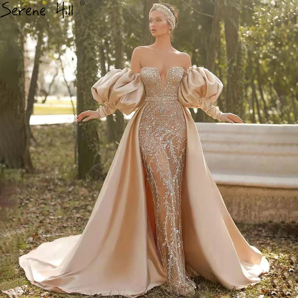 Vestidos de noche largos de sirena de lujo color champán con mangas abullonadas y elegantes para mujer para fiesta LA71120 