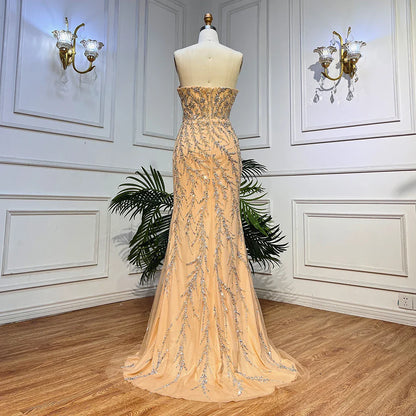Vestidos de noche largos de sirena de lujo color champán con mangas abullonadas y elegantes para mujer para fiesta LA71120 