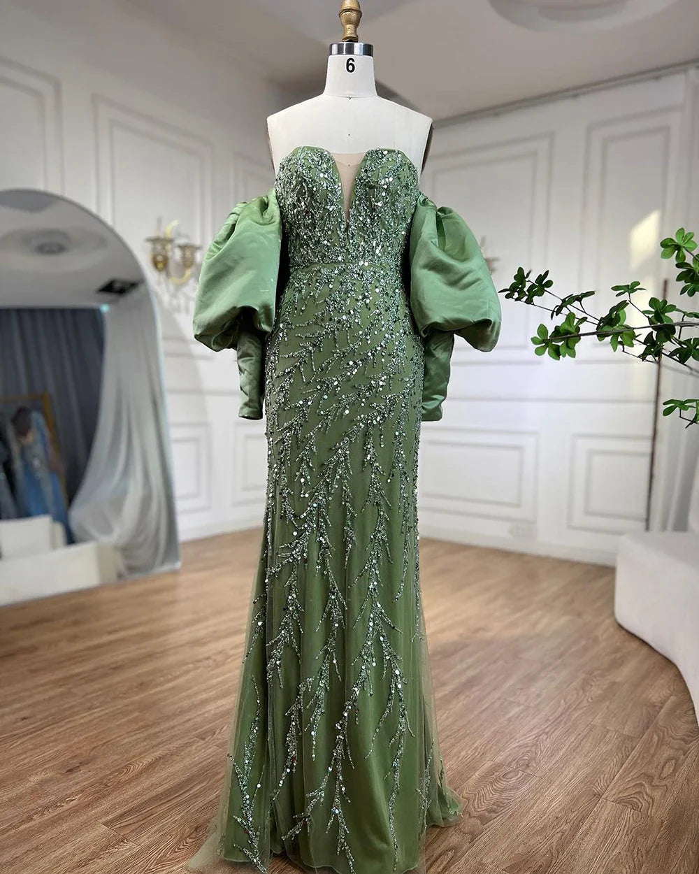 Champagner Luxus Meerjungfrau Abendkleider Lange Kleider mit Halben Schnurr Ärmeln und Elegant für Frauen Party LA71120 