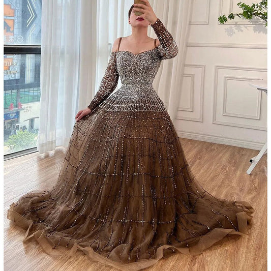 Vestidos de noche sexys de lujo color champán, elegantes, de manga larga y con cuentas, para mujer, para fiesta, LA70292 