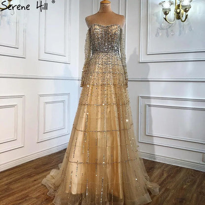 Vestidos de noche sexys de lujo color champán, elegantes, de manga larga y con cuentas, para mujer, para fiesta, LA70292 