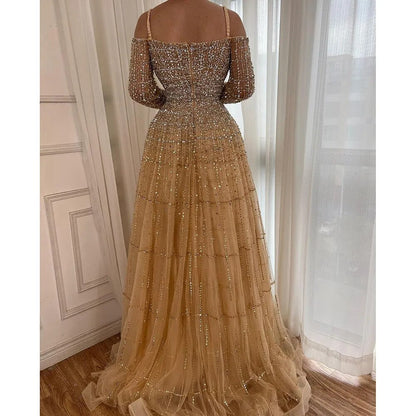 Vestidos de noche sexys de lujo color champán, elegantes, de manga larga y con cuentas, para mujer, para fiesta, LA70292 