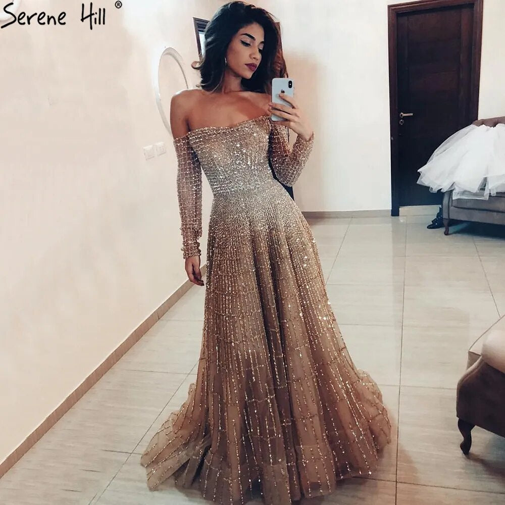 Vestidos de noche sexys de lujo color champán, elegantes, de manga larga y con cuentas, para mujer, para fiesta, LA70292 