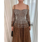 Vestidos de noche sexys de lujo color champán, elegantes, de manga larga y con cuentas, para mujer, para fiesta, LA70292 