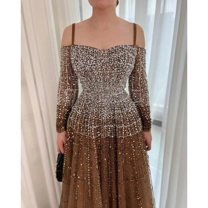 Vestidos de noche sexys de lujo color champán, elegantes, de manga larga y con cuentas, para mujer, para fiesta, LA70292 