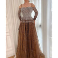 Vestidos de noche sexys de lujo color champán, elegantes, de manga larga y con cuentas, para mujer, para fiesta, LA70292 